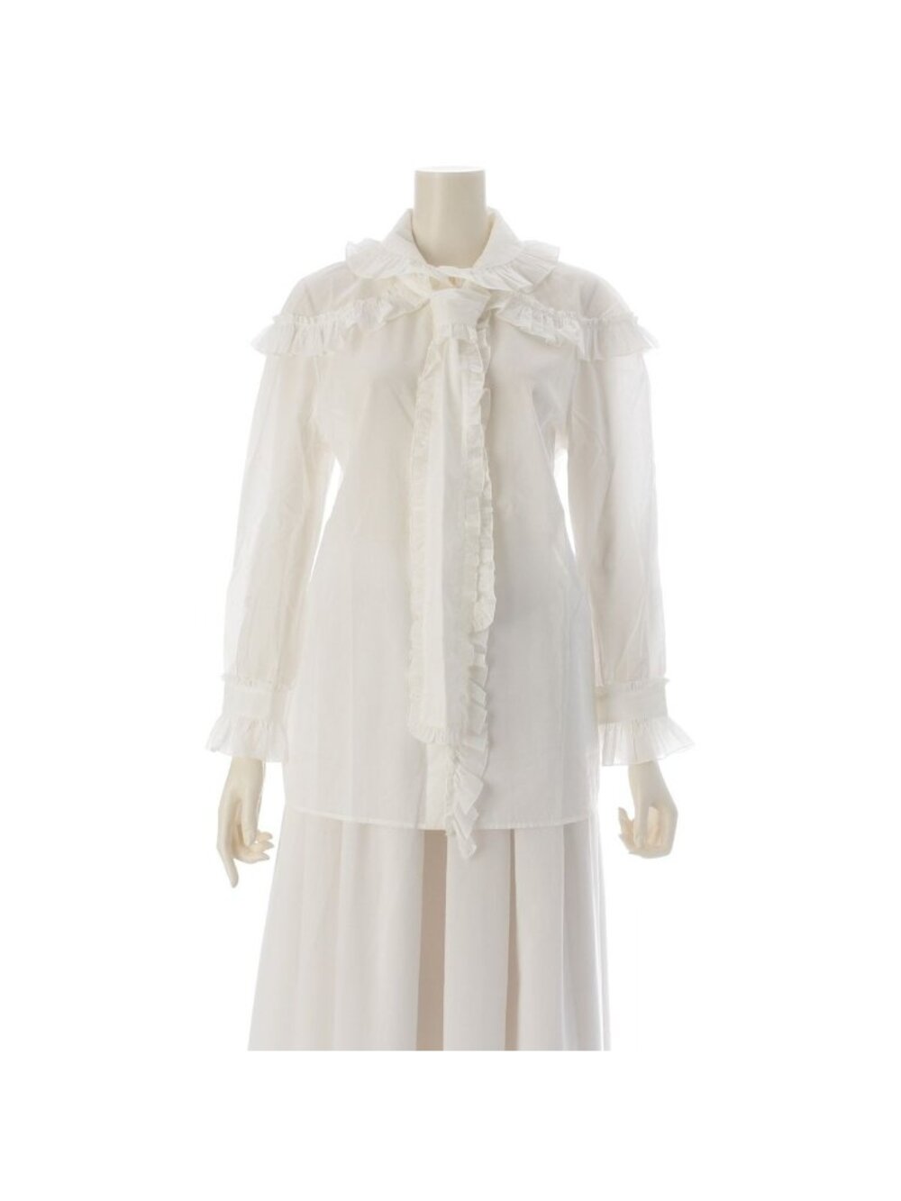 Gucci Cotton Ruffled Bow Tie Long Sleeve Shirt Blouse White 42